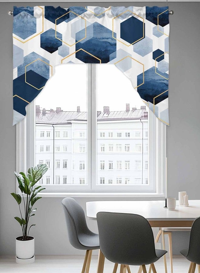 Jolunifun Blue Gold Swag Valance Kitchen Curtains, Rod Pocket Valance Curtain Panels for Bedroom Living Room Bathroom Cafe Windows, Gradual Modern Abstract Geometric White 56''x36'' - Image 4